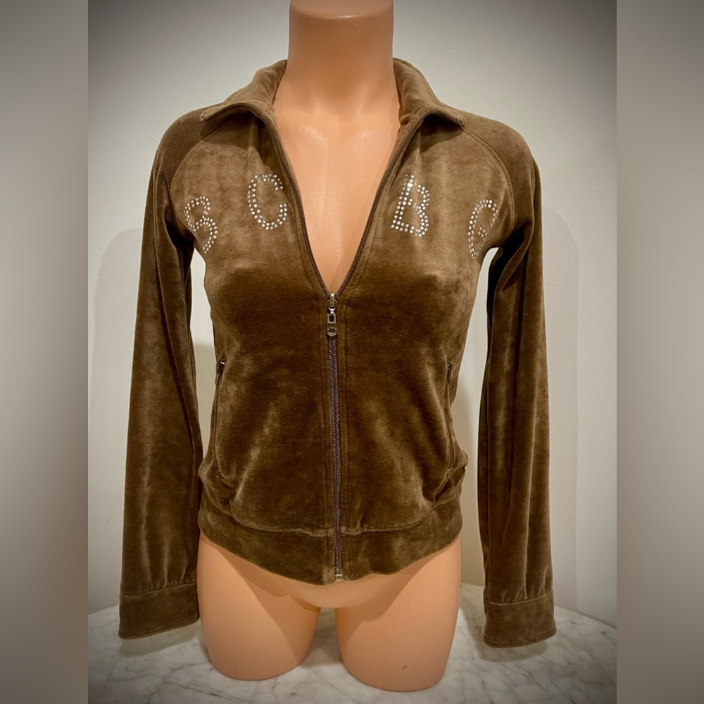 BCBG MAXAZRIA Brown Velour Full Zip Jacket Rhinestone Logo Sz P/S Small
